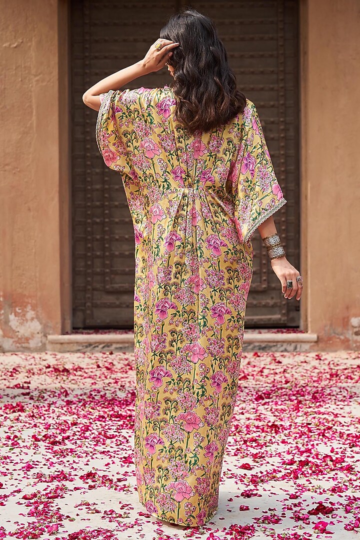 Yellow Modal Satin Handblock Printed & Embroidered Kaftan Summer Dress by Tasha India at Pernia's Pop Up Shop