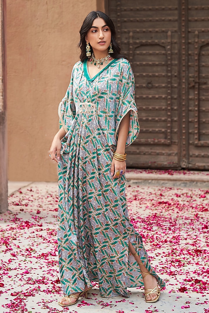 Lilac & Green Modal Satin Handblock Printed Kaftan Dress by Tasha India