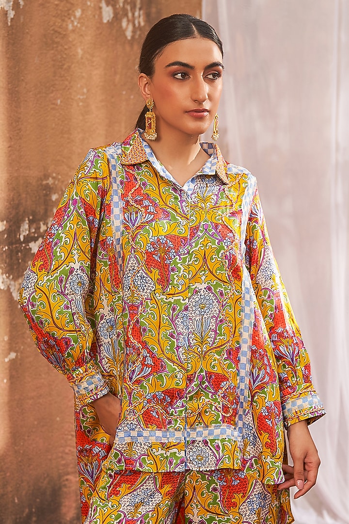 Yellow Modal Satin Handblock Printed Co-Ord Set by Tasha India at Pernia's Pop Up Shop