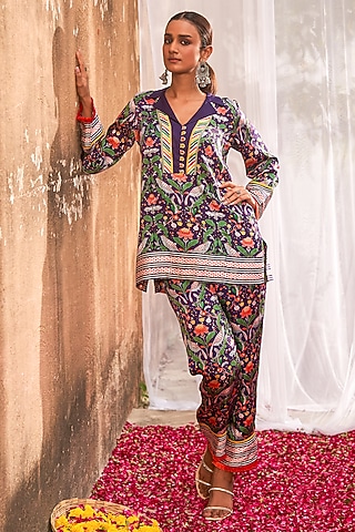 Purple Modal Satin Handblock Printed Co-Ord Set by Tasha India