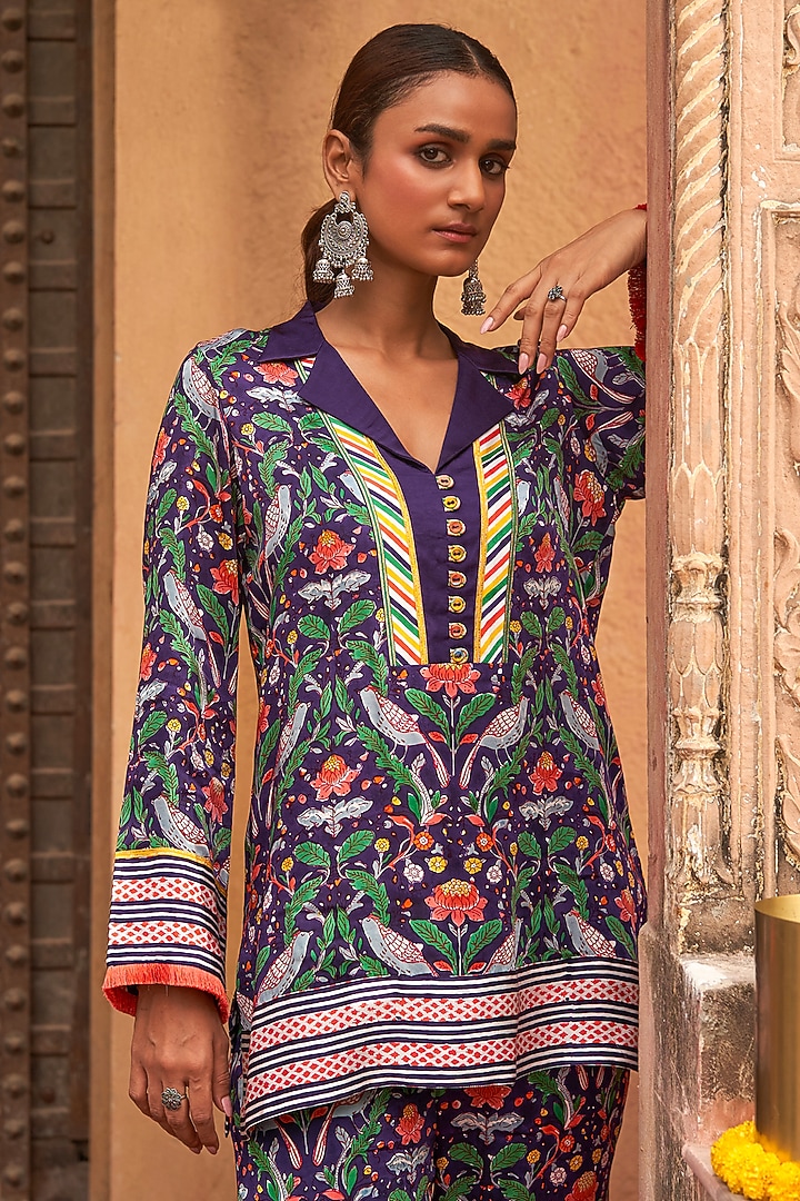 Purple Modal Satin Handblock Printed Co-Ord Set by Tasha India at Pernia's Pop Up Shop