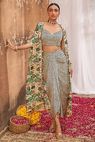 Beige Modal Satin Printed & Embroidered Cape Set by Tasha India