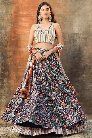 Purple Modal Satin Handblock Printed & Embroidered Lehenga Set by Tasha India