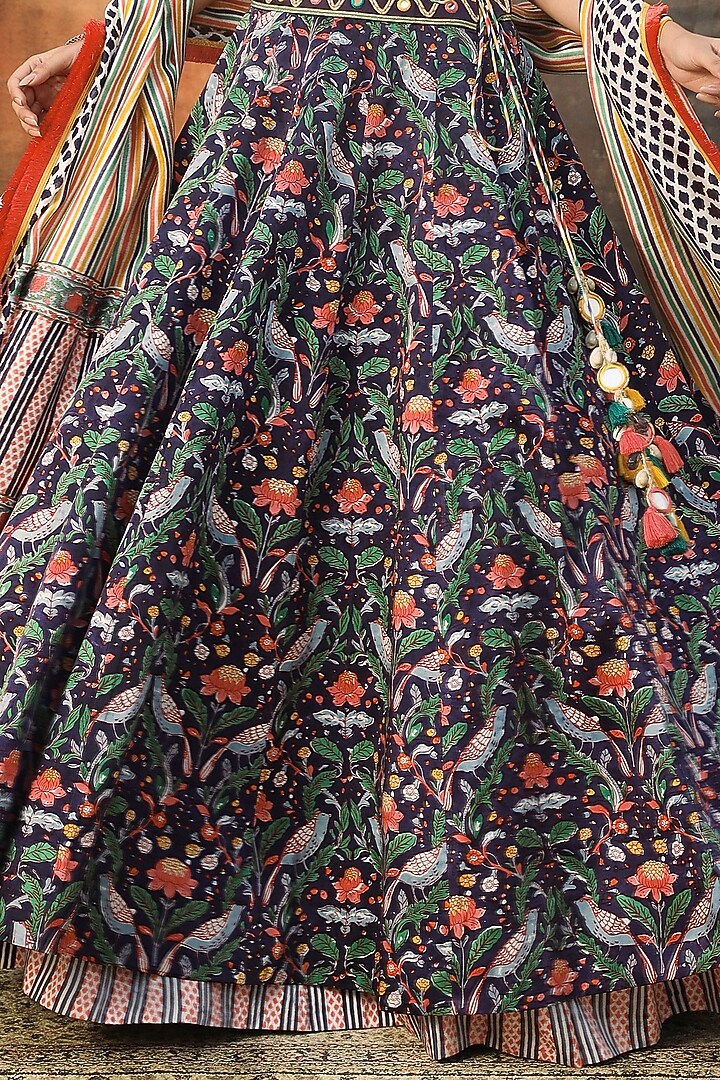 Purple Modal Satin Handblock Printed & Embroidered Lehenga Set by Tasha India at Pernia's Pop Up Shop