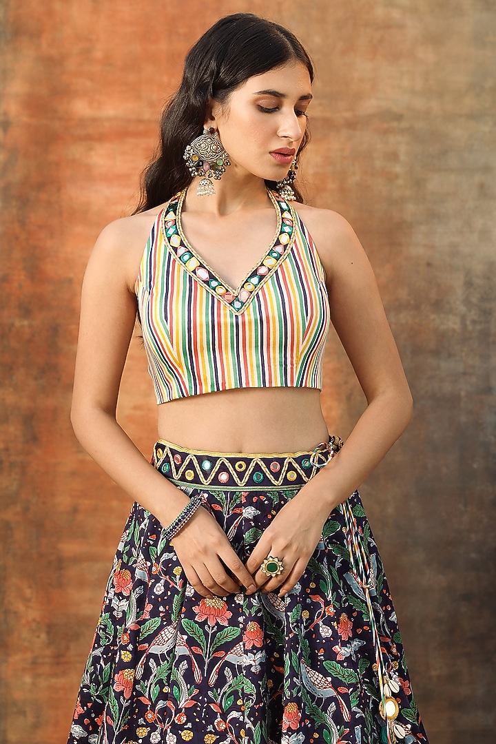 Purple Modal Satin Handblock Printed & Embroidered Lehenga Set by Tasha India at Pernia's Pop Up Shop