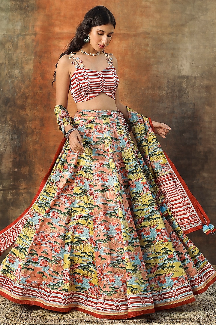 Multi-Colored Modal Satin Handblock Printed & Embroidered Lehenga Set by Tasha India