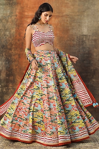 Multi-Colored Modal Satin Handblock Printed & Embroidered Lehenga Set by Tasha India