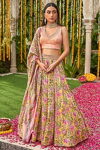 Yellow Modal Satin Handblock Printed & Embroidered Lehenga Set by Tasha India