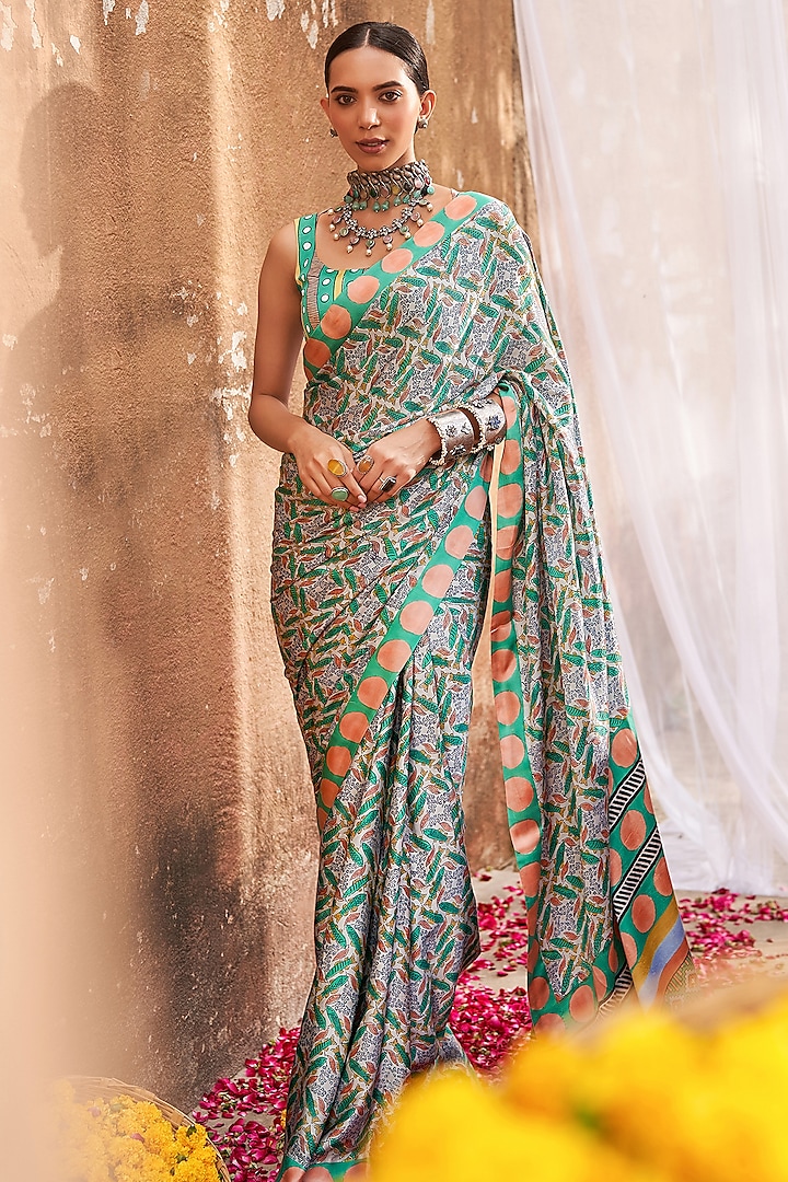 Green Modal Satin Handblock Printed Saree Set by Tasha India