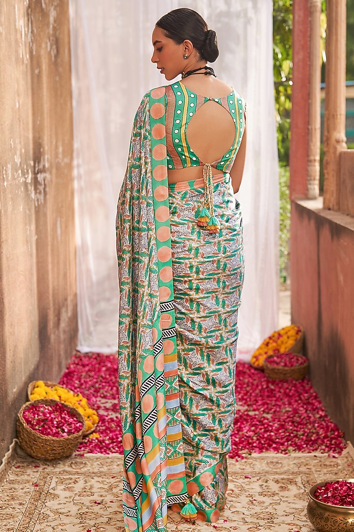 Green Modal Satin Handblock Printed Party Wear Saree Set by Tasha India at Pernia's Pop Up Shop