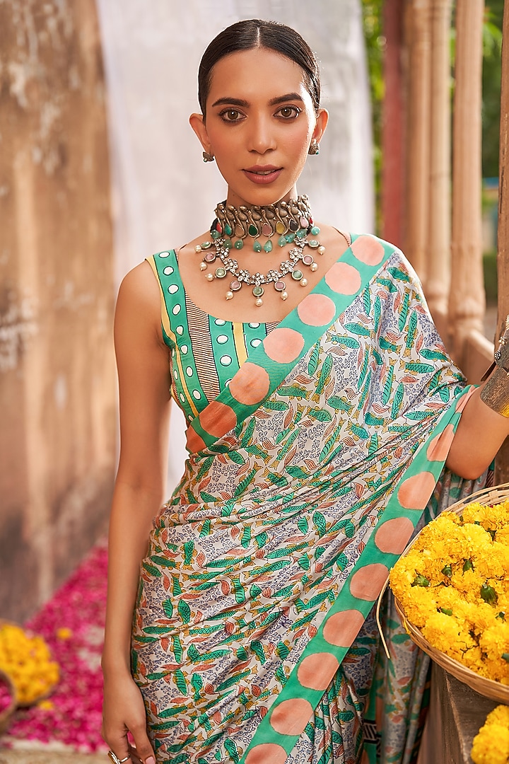 Green Modal Satin Handblock Printed Party Wear Saree Set by Tasha India at Pernia's Pop Up Shop