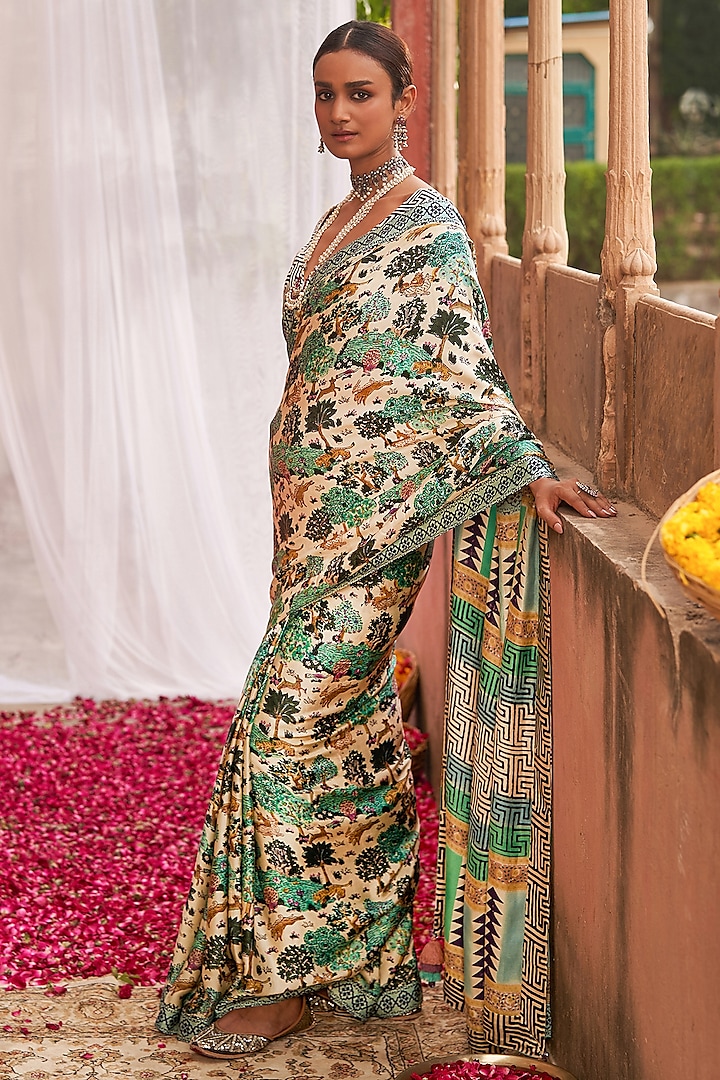 Beige Modal Satin Handblock Printed Saree Set by Tasha India