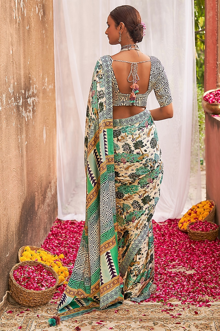 Beige Modal Satin Handblock Printed Party Wear Saree Set by Tasha India at Pernia's Pop Up Shop