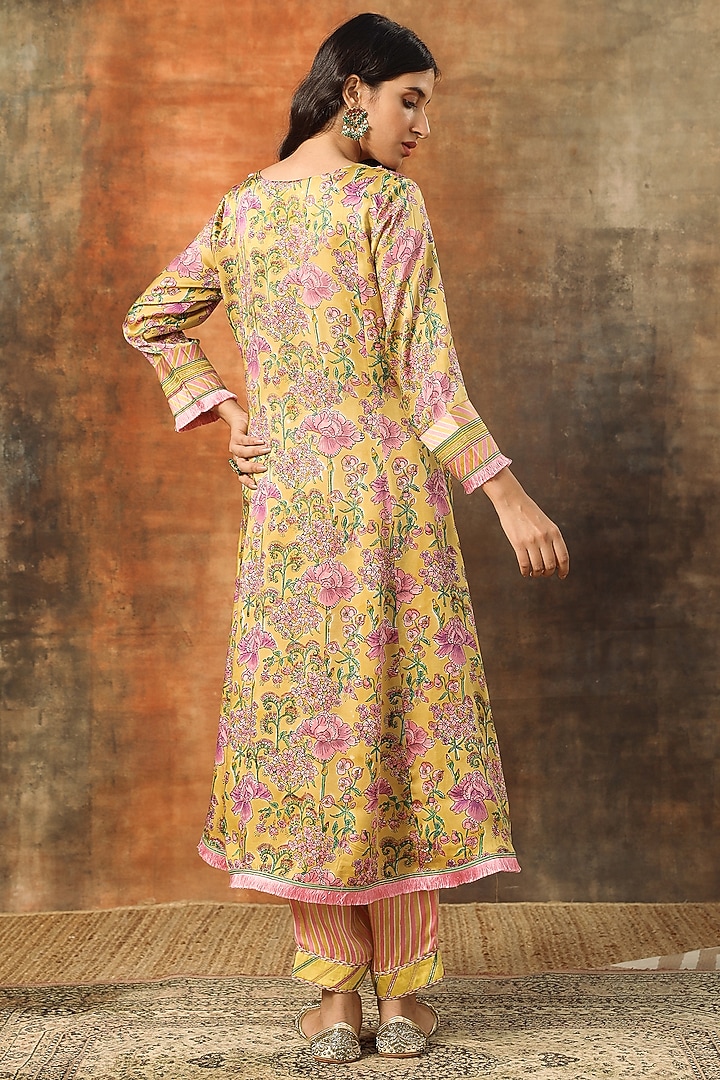 Pink Modal Satin Handblock Printed A-Line Kurta Set by Tasha India at Pernia's Pop Up Shop