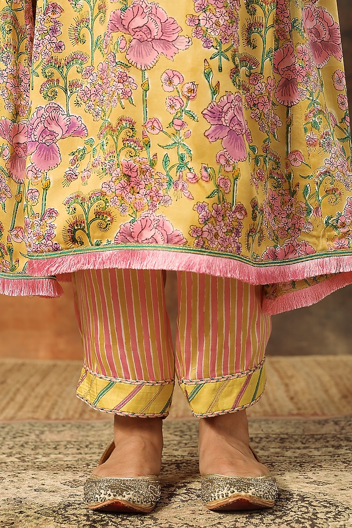 Pink Modal Satin Handblock Printed A-Line Kurta Set by Tasha India at Pernia's Pop Up Shop