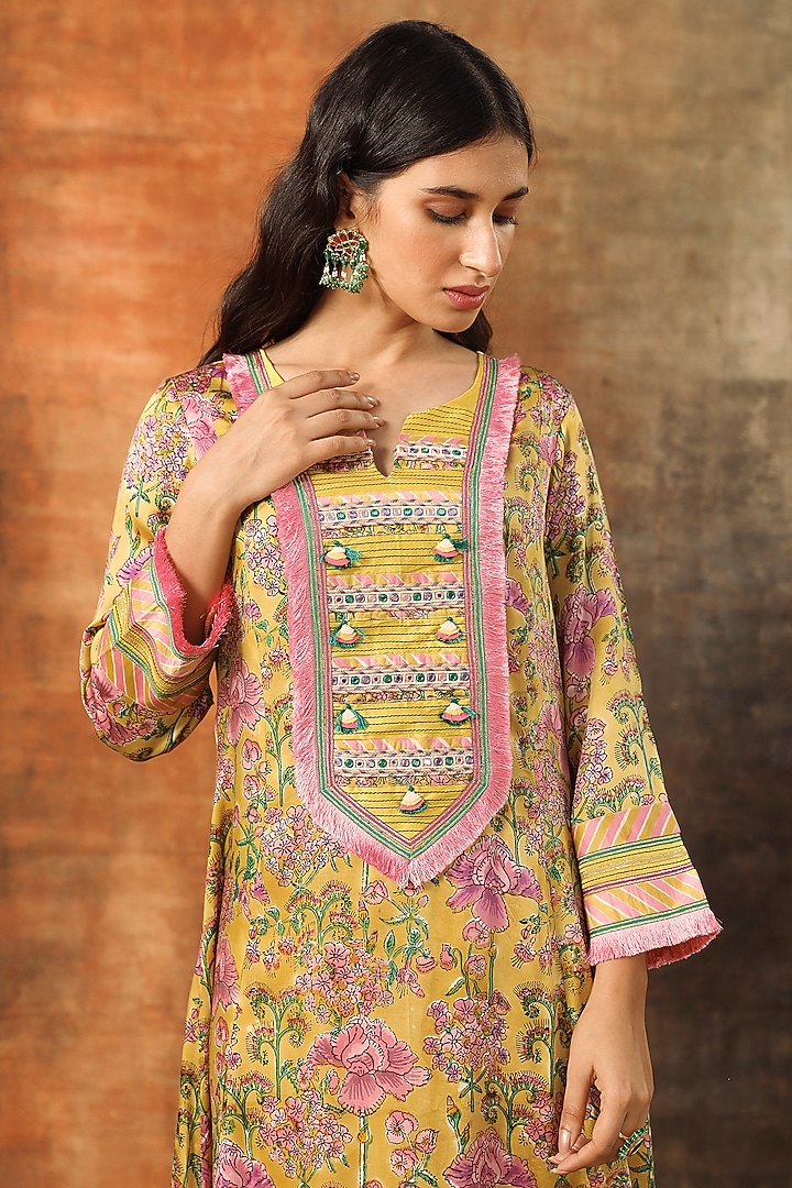 Pink Modal Satin Handblock Printed A-Line Kurta Set by Tasha India at Pernia's Pop Up Shop