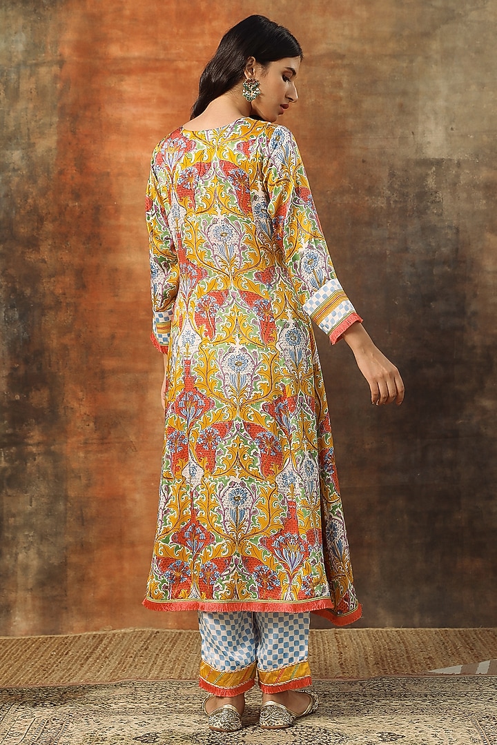 White & Yellow Modal Satin Handblock Printed A-Line Kurta Set by Tasha India at Pernia's Pop Up Shop
