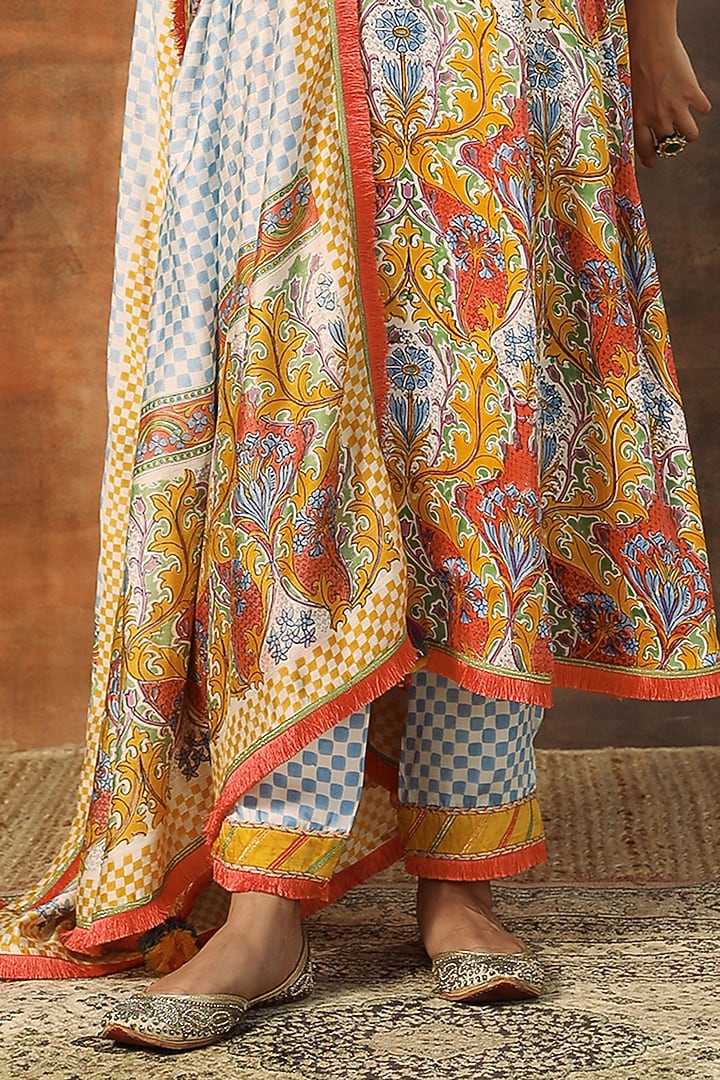 White & Yellow Modal Satin Handblock Printed A-Line Kurta Set by Tasha India at Pernia's Pop Up Shop