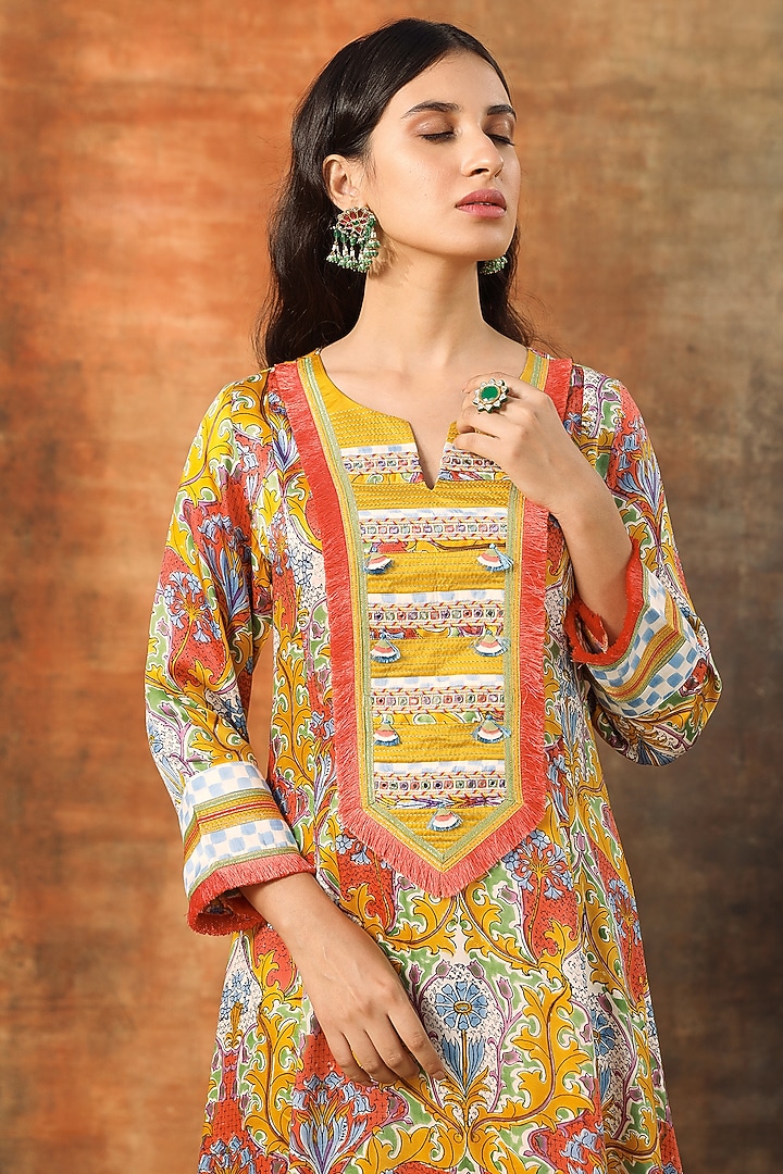 White & Yellow Modal Satin Handblock Printed A-Line Kurta Set by Tasha India at Pernia's Pop Up Shop