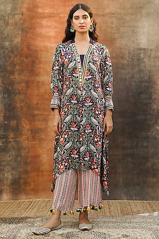 Purple Modal Satin Handblock Printed Asymmetric Kurta Set by Tasha India