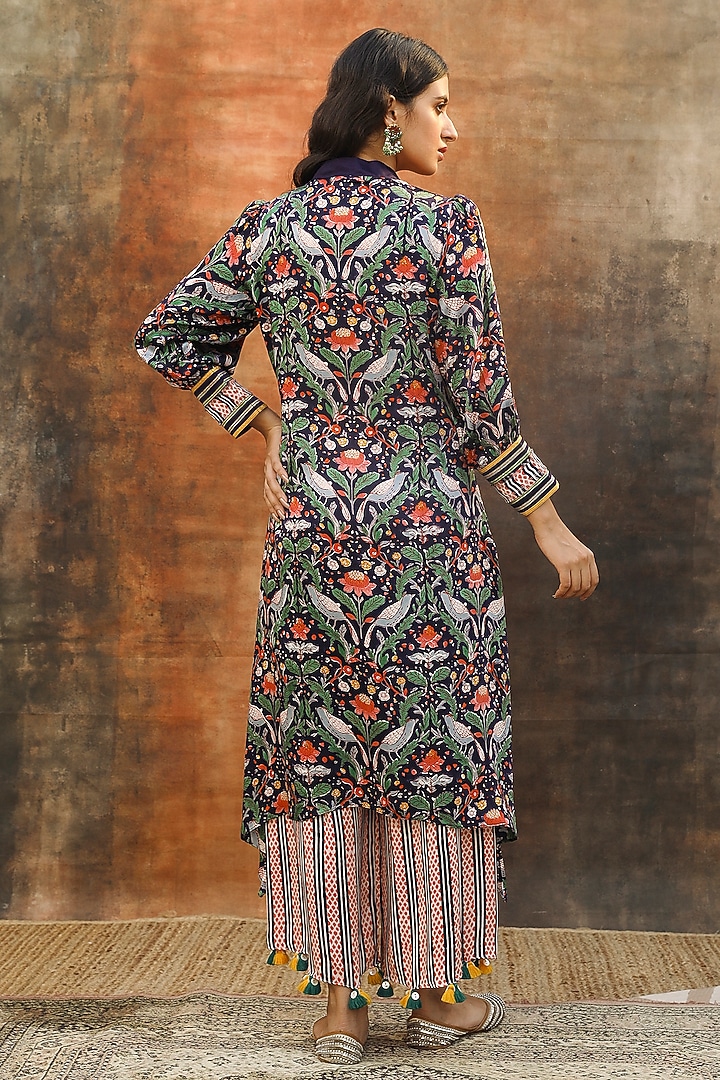 Purple Modal Satin Handblock Printed Asymmetric Kurta Set by Tasha India at Pernia's Pop Up Shop