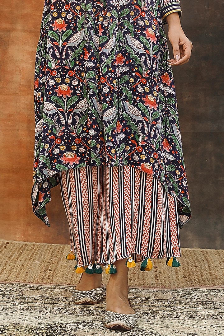 Purple Modal Satin Handblock Printed Asymmetric Kurta Set by Tasha India at Pernia's Pop Up Shop