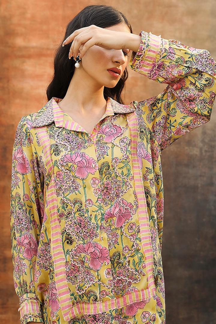 Yellow Modal Satin Handblock Printed Co-Ord Set by Tasha India at Pernia's Pop Up Shop