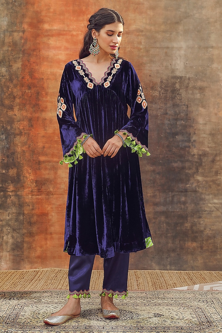 Navy Blue Silk Velvet Embroidered Gathered Kurta Set by Tasha India at Pernia's Pop Up Shop