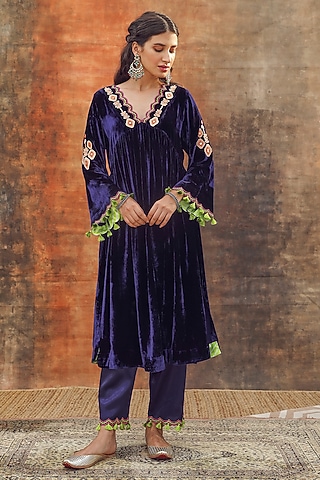 Navy Blue Silk Velvet Embroidered Gathered Kurta Set by Tasha India