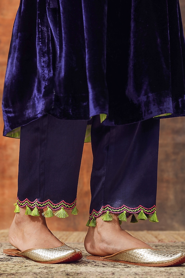 Navy Blue Silk Velvet Embroidered Gathered Kurta Set by Tasha India at Pernia's Pop Up Shop