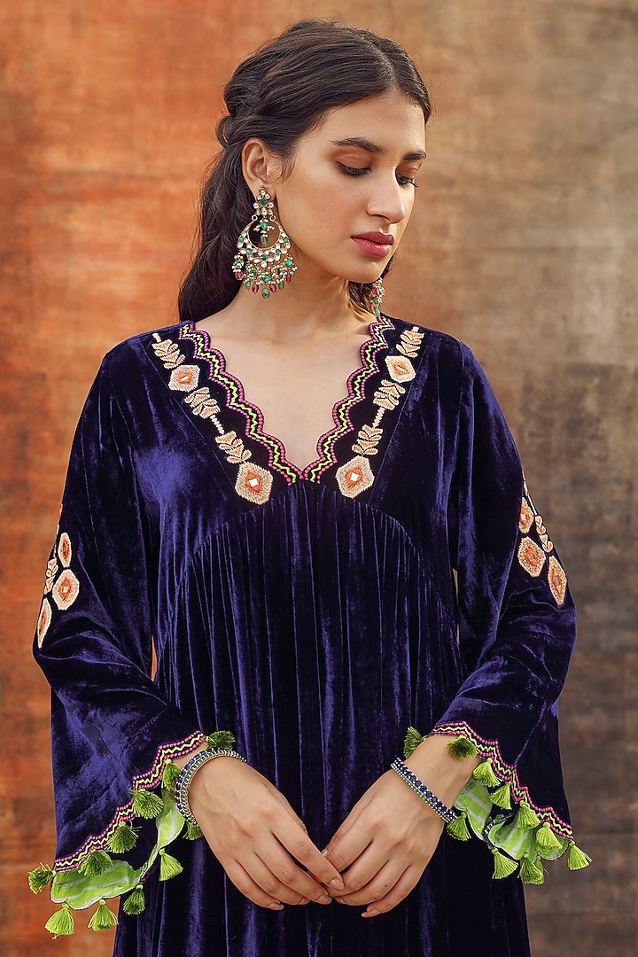 Navy Blue Silk Velvet Embroidered Gathered Kurta Set by Tasha India at Pernia's Pop Up Shop