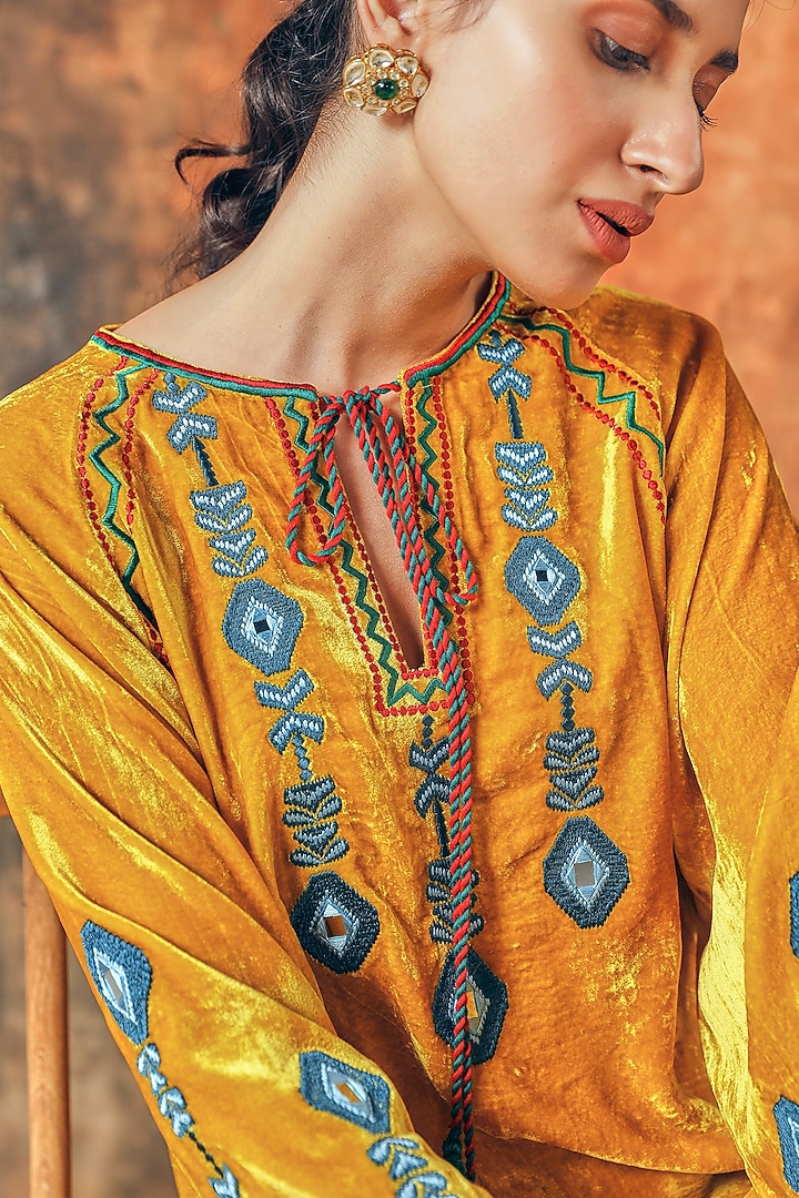 Yellow Silk Velvet Embroidered Co-Ord Set by Tasha India at Pernia's Pop Up Shop