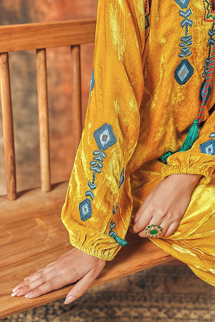 Yellow Silk Velvet Embroidered Co-Ord Set by Tasha India at Pernia's Pop Up Shop