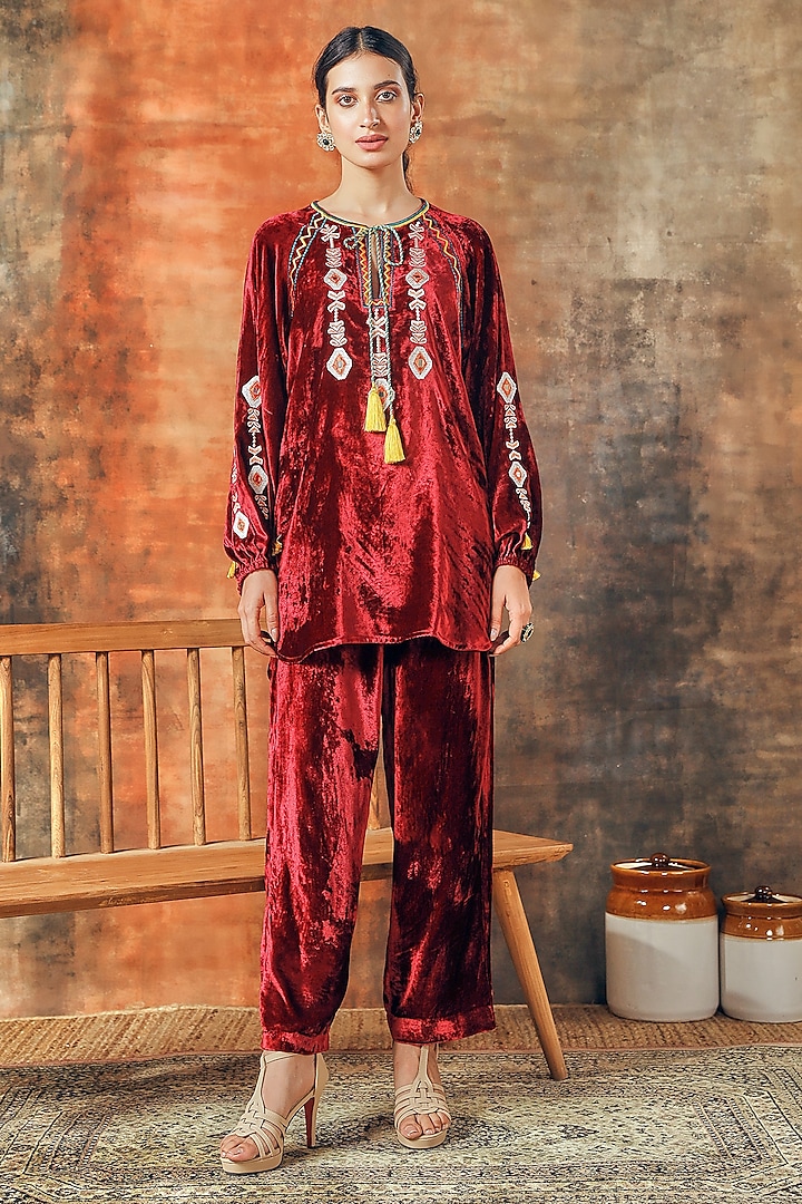 Maroon Silk Velvet Embroidered Co-Ord Set by Tasha India at Pernia's Pop Up Shop