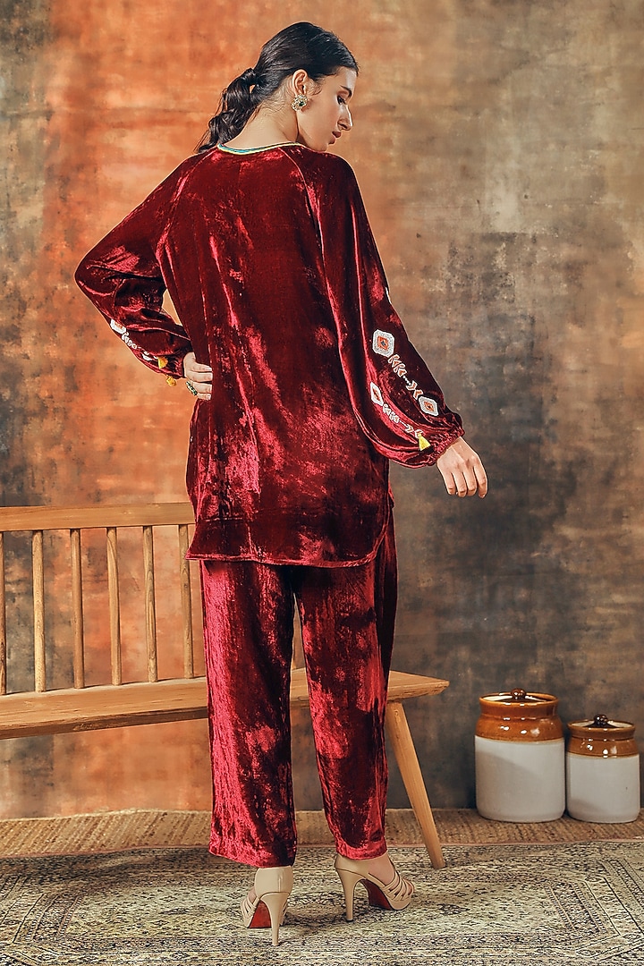 Maroon Silk Velvet Embroidered Co-Ord Set by Tasha India at Pernia's Pop Up Shop