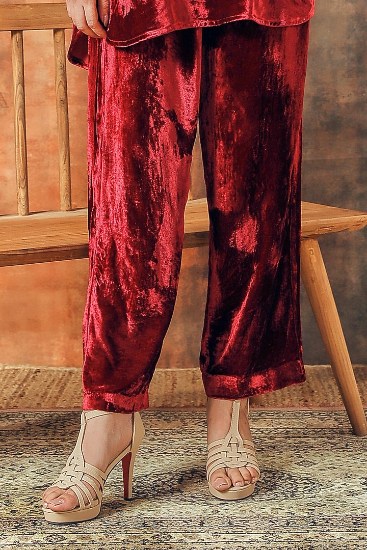 Maroon Silk Velvet Embroidered Co-Ord Set by Tasha India at Pernia's Pop Up Shop