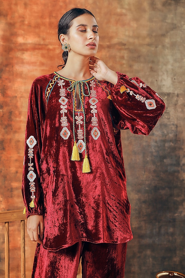 Maroon Silk Velvet Embroidered Co-Ord Set by Tasha India at Pernia's Pop Up Shop