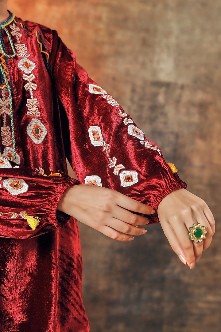 Maroon Silk Velvet Embroidered Co-Ord Set by Tasha India at Pernia's Pop Up Shop