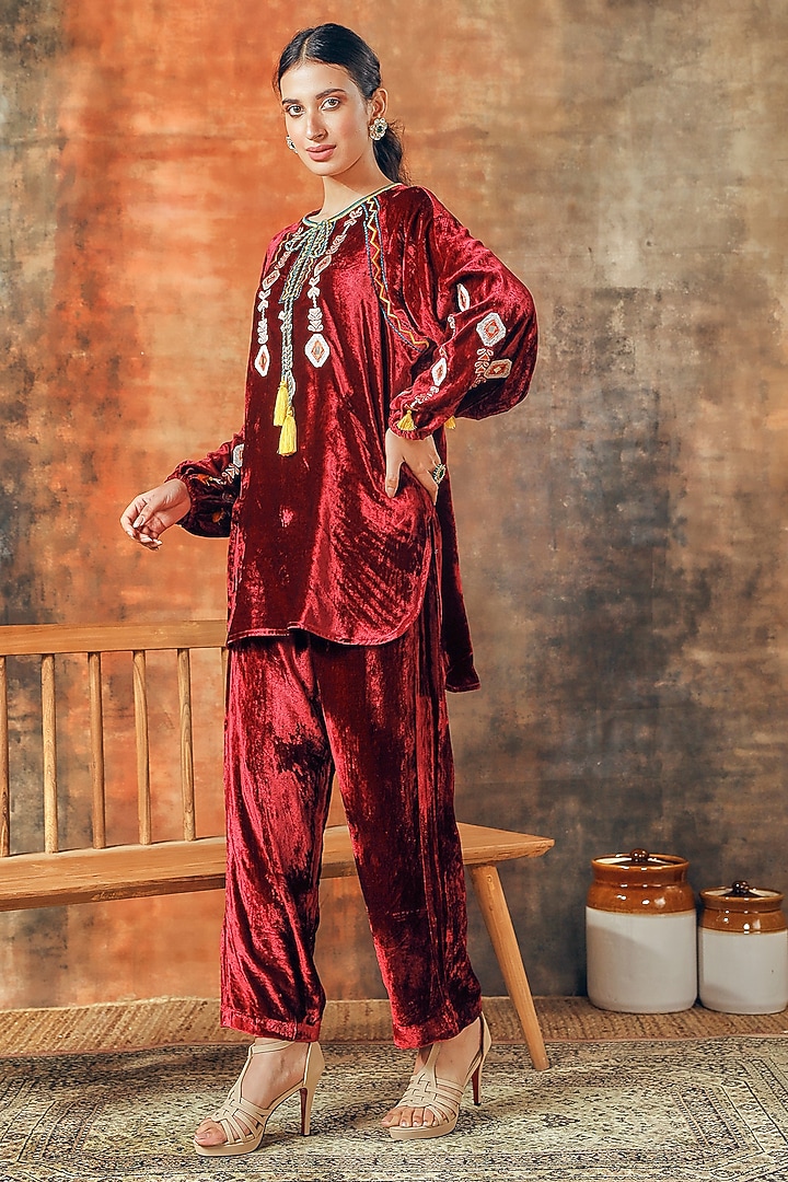 Maroon Silk Velvet Embroidered Co-Ord Set by Tasha India at Pernia's Pop Up Shop