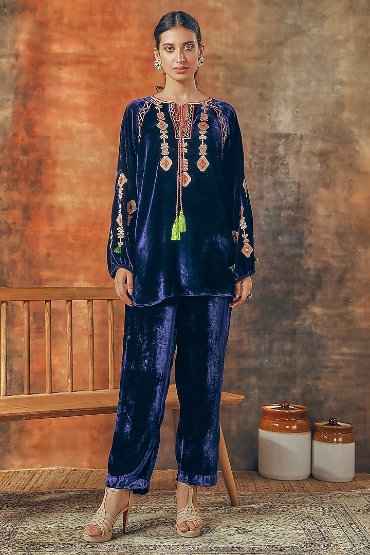 Navy Blue Silk Velvet Embroidered Co-Ord Set by Tasha India at Pernia's Pop Up Shop