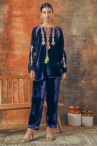 Navy Blue Silk Velvet Embroidered Co-Ord Set by Tasha India