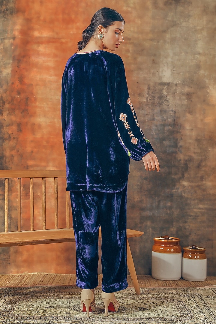 Navy Blue Silk Velvet Embroidered Co-Ord Set by Tasha India at Pernia's Pop Up Shop
