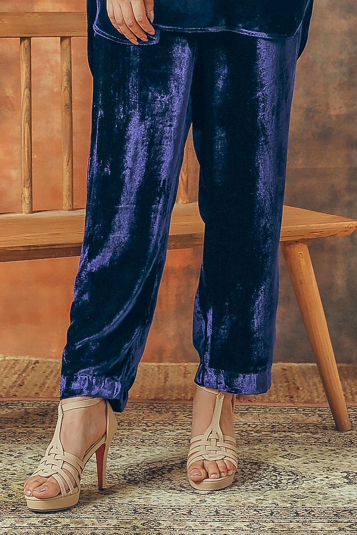 Navy Blue Silk Velvet Embroidered Co-Ord Set by Tasha India at Pernia's Pop Up Shop