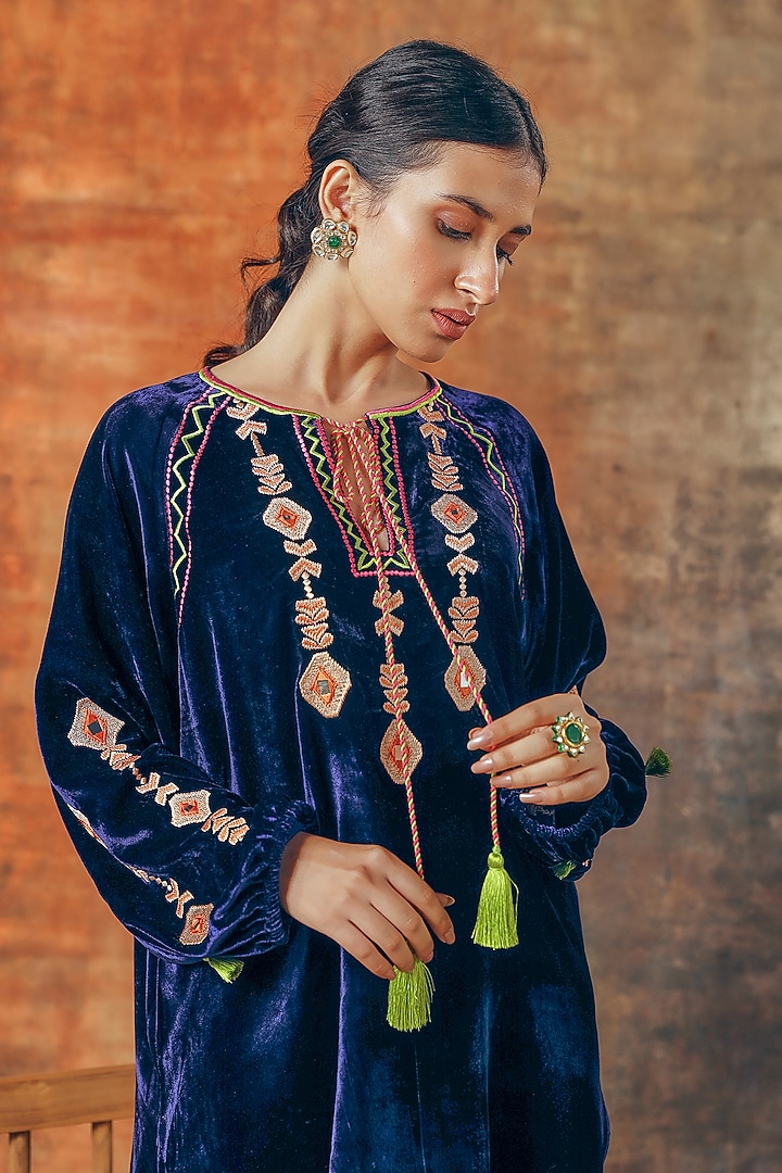 Navy Blue Silk Velvet Embroidered Co-Ord Set by Tasha India at Pernia's Pop Up Shop
