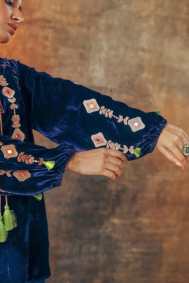 Navy Blue Silk Velvet Embroidered Co-Ord Set by Tasha India at Pernia's Pop Up Shop