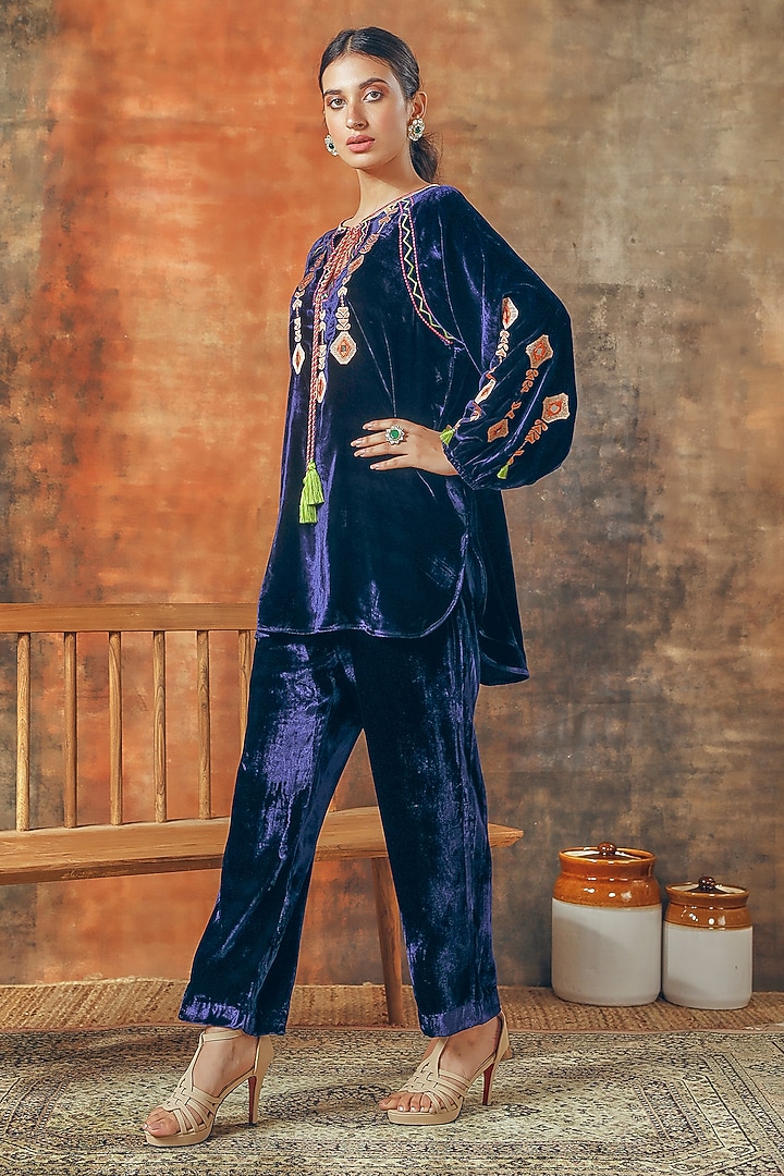 Navy Blue Silk Velvet Embroidered Co-Ord Set by Tasha India at Pernia's Pop Up Shop