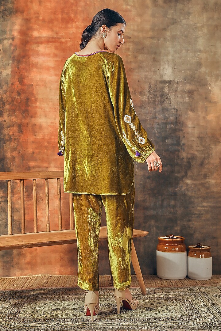 Green Silk Velvet Embroidered Co-Ord Set by Tasha India at Pernia's Pop Up Shop