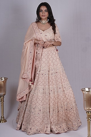 Peach Embroidered Lehenga Set by Tassels