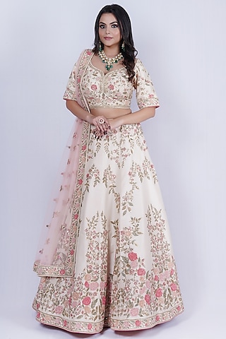 Nude Embroidered Lehenga Set by Tassels