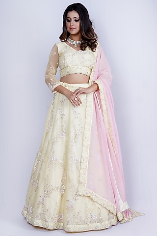 Lemon Yellow Embroidered Lehenga Set by Tassels